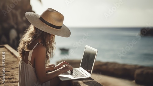 Young business woman working at the computer in cafe on beach . Young girl downshifter working at a laptop at sunset or sunrise near sea, working day