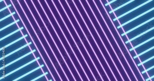 Abstract blue and purple neon straight lines with a black background.
