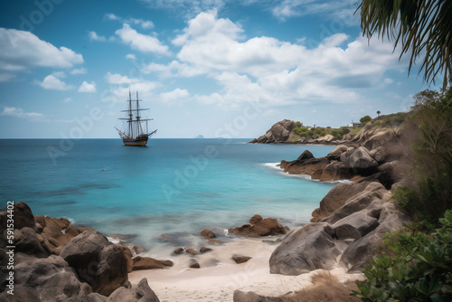 Pirates Cove With Big Sailing Boat On Horizon, Made Using Generative Ai