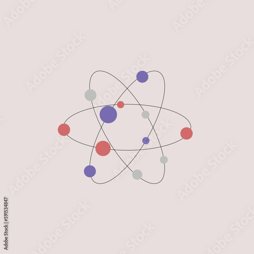 Atom. Scientific poster with atomic structure: nucleus of protons and neutrons, orbital electrons. Vector illustration. Symbol of nuclear energy, scientific research and molecular chemistry.