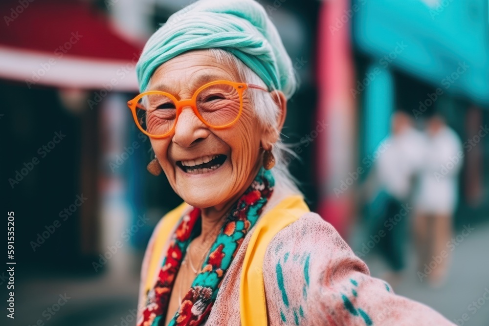 Happy stylish mature older adult woman dressed in vibrant, fashionable clothes and trendy sunglasses. Smiling stylish middle aged lady enjoying resting, joy of retirement, age is just a number concept