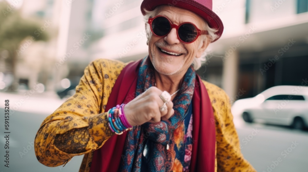 Happy stylish mature older adult senior man, dressed in vibrant, fashionable clothes sunglasses. Smiling stylish middle aged senior enjoying resting, joy of retirement, age is just a number concept