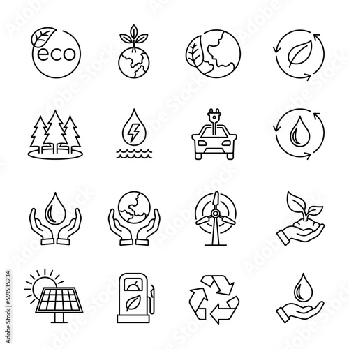 Ecology icons set. Green energy and eco friendly icon collection on outlined vector.  Bundle of ecology and environment set icons vector illustration line style icon