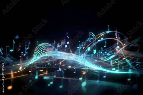 Melody of Light: Glowing Music Notes on Black Background