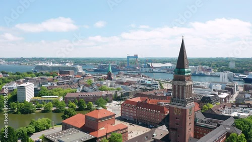 Cityscape of Kiel, Schleswig-Holstein, Germany. Aerial view of the city center and the Town hall (Rathaus) on a sunny summer day.