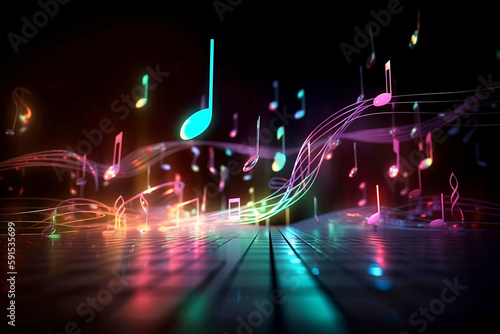 Melody of Light: Glowing Music Notes on Black Background