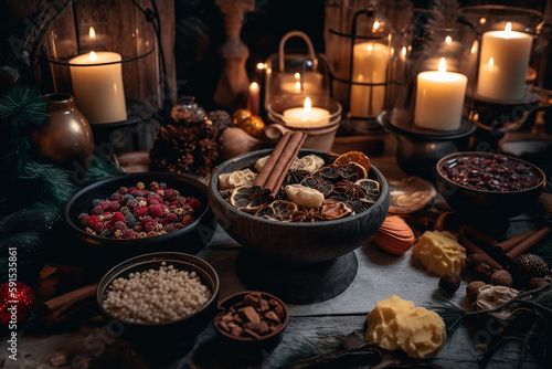 Dried fruits with exotic spices like cinamon on a dark stone table with candles. Generative AI