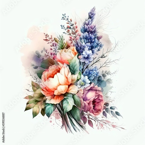 Watercolor Spring Flowers bouquet botanical hand drawn illustration isolated on white background, Generative AI