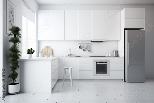 Modern minimalistic kitchen, white cabinet, Generative AI