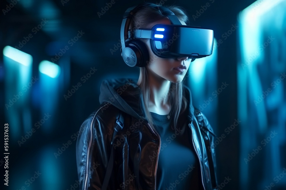 Cyberpunk Woman Portrait With Vr Headset Ready To Explore Virtual Reality And Blurred Background, Made Using Generative Ai