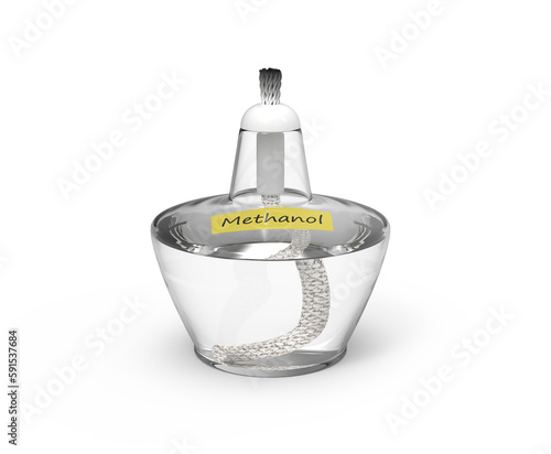 3d illustration of a spirit lamp. Inside the lamp is a colorless liquid. A label with the word methanol is attached to the top part of the lamp. photo