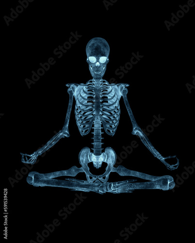 skeleton is doing a relaxing namaste yoga pose