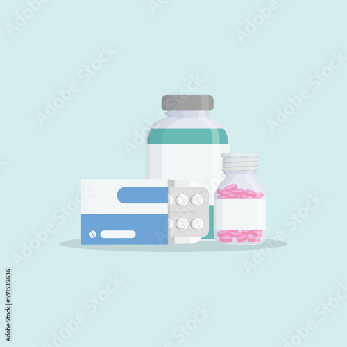 Medical bottles with pack of tablets. Colorful vector illustration	