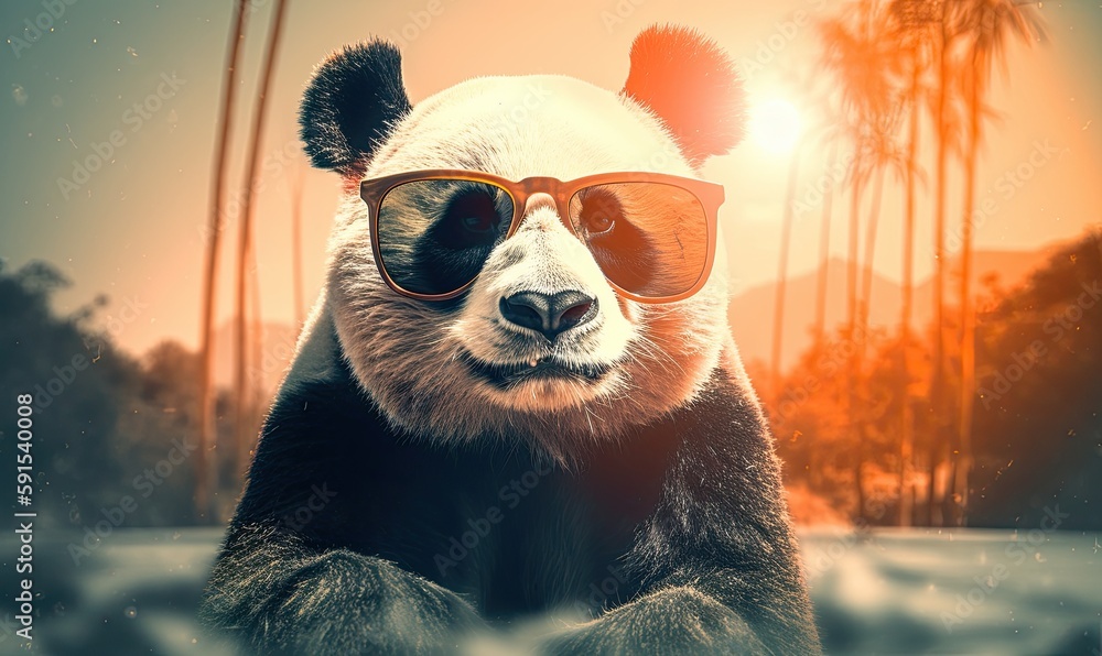Funny panda bear with sunglasses in the nature. Spring is coming