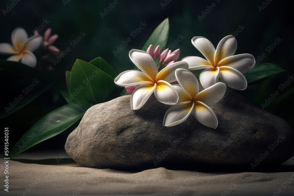 Branch of Plumeria flowers on a big wild stone, standing on sand, on dark background. Backdrop for cosmetics advertising. AI generative Branch of Plumeria flowers on a big wild stone, standing on sand, on dark background. Backdrop for cosmetics advertising. AI generative
