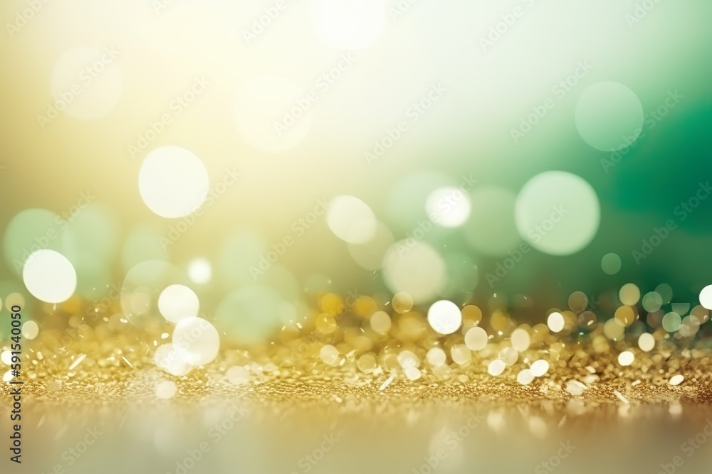 Bokeh style golden orange and green illustration of glitter emerald background, festive atmosphere - created with generative AI technology