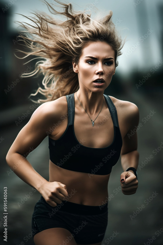 Beautiful adult fitness woman is jogging outdoor on sunny day in summer. Sport and fitness picture generative with generative AI Beautiful adult fitness woman is jogging outdoor on sunny day in summer. Sport and fitness picture generative with generative AI