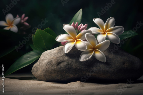 Branch of Plumeria flowers on a big wild stone, standing on sand, on dark background. Backdrop for cosmetics advertising. AI generative