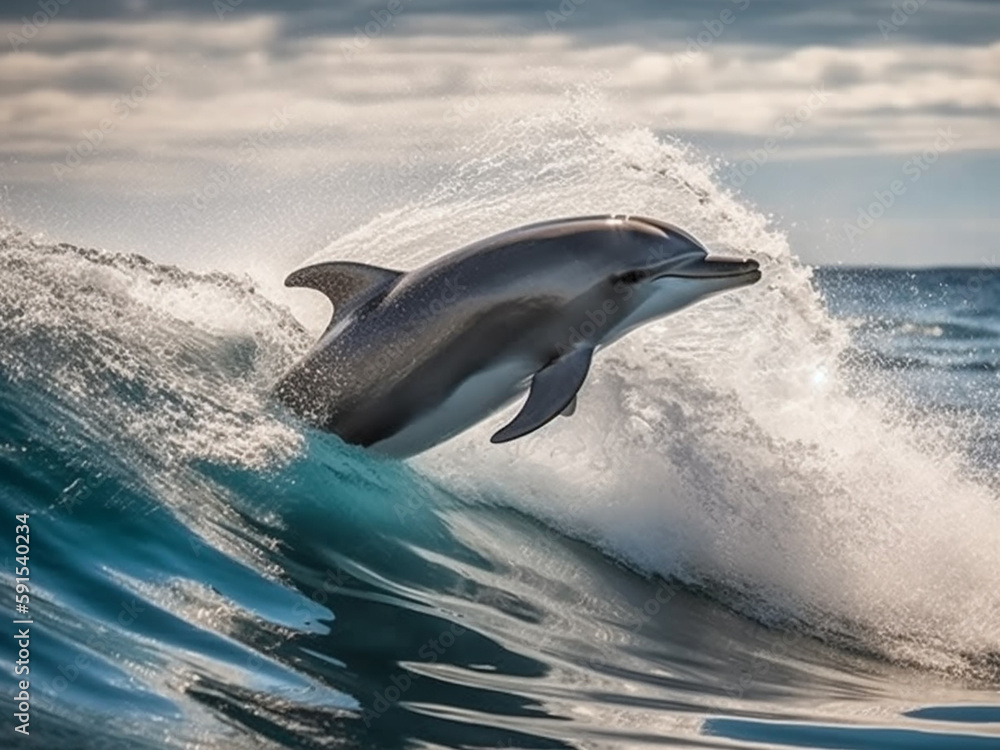 Fototapeta premium Dolphin jumping out of the sea wave . Generative AI