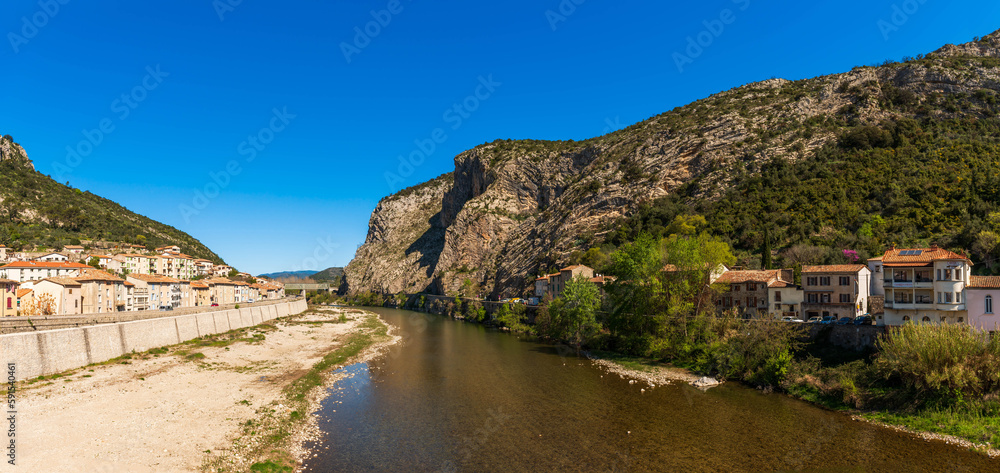 Landscape of the village of Anduze and the river Gardon, in the Cévennes, in Gard, Occitanie, France
