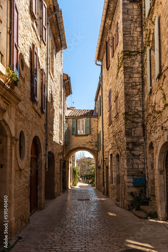 Street and passage in Vézénobres, a small medieval village in Gard, Occitanie, France