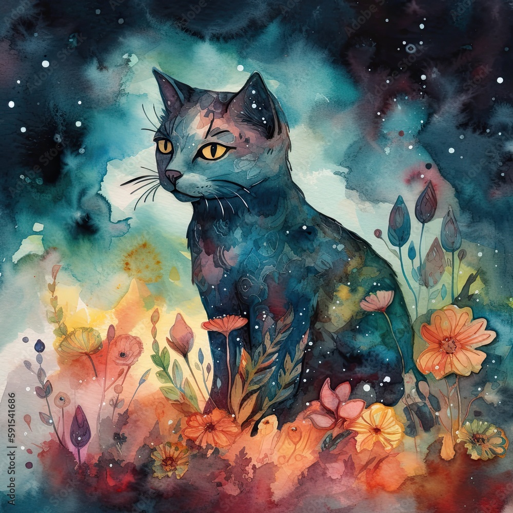 watercolor mysterious cat Generative Ai watercolor mysterious cat Generative Ai