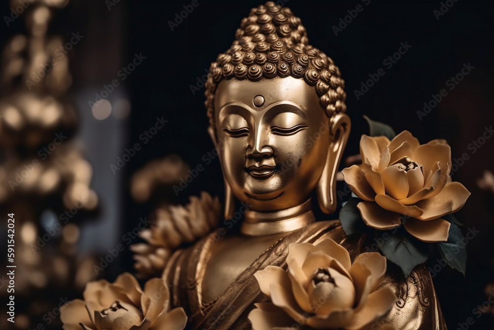 Buddha Golden Statue Decorated With Lotus Blossoms, Made Using Generative Ai