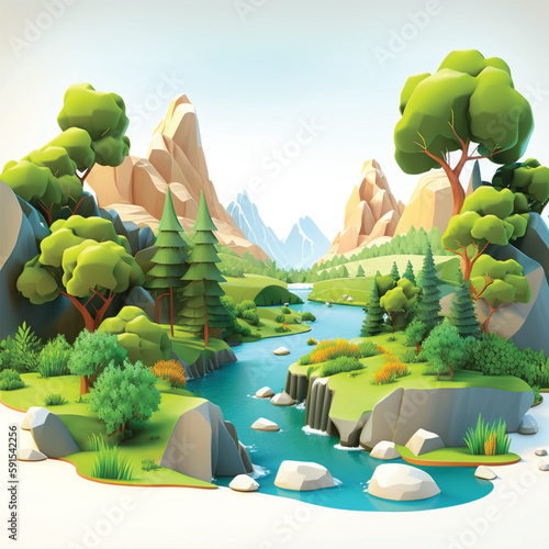 Vector Landscape with mountain, trees and water