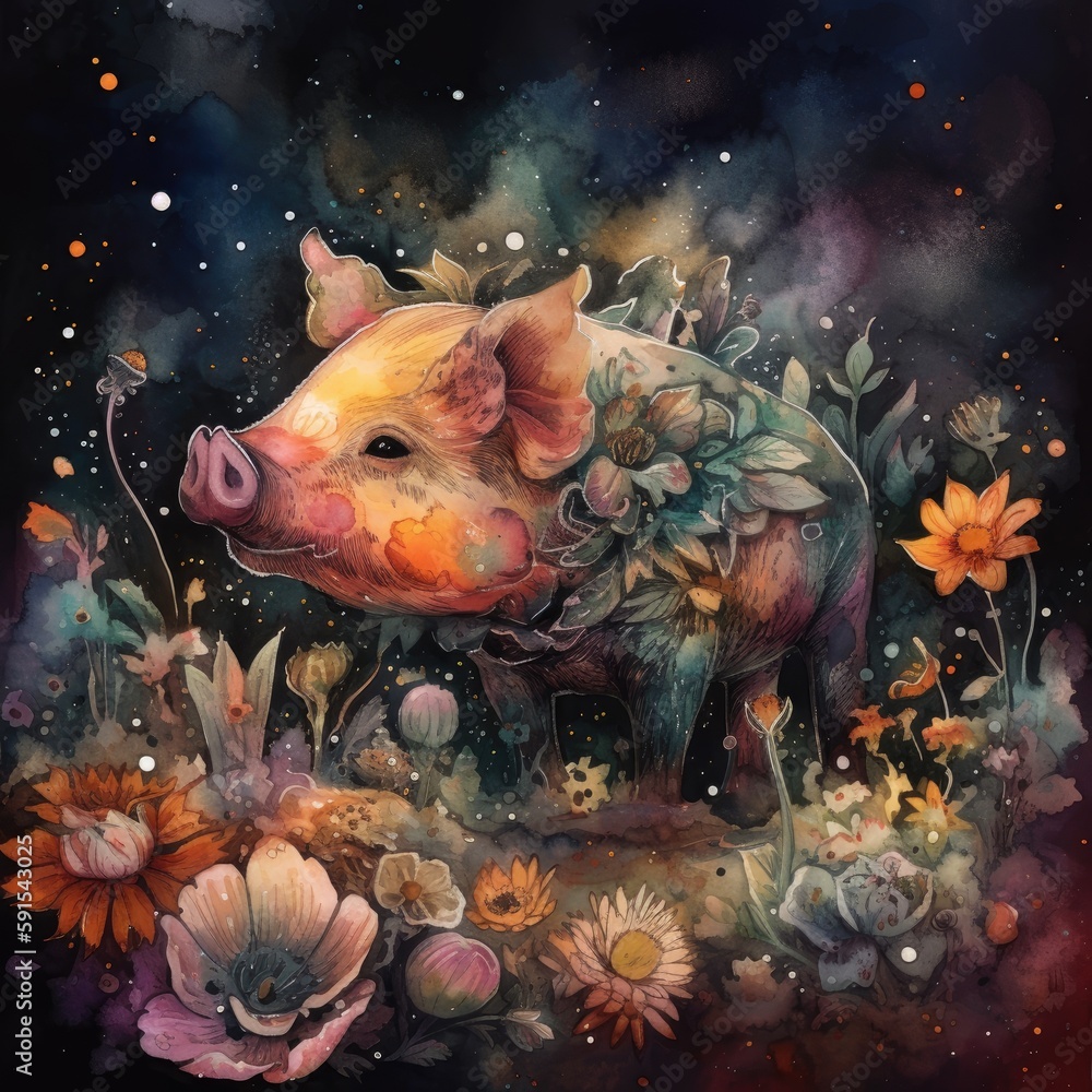 Watercolor mysterious Pig Generative Ai Watercolor mysterious Pig Generative Ai