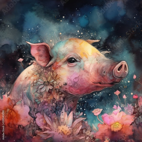 Watercolor mysterious Pig Generative Ai