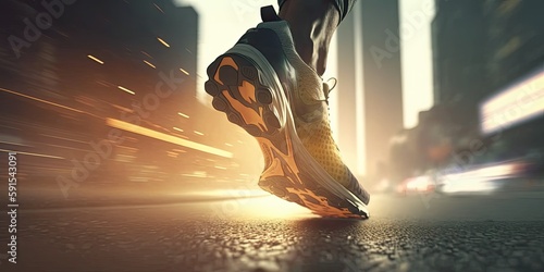 Close up on shoe sprint powerful. Runner athlete running on the road. Generative AI
