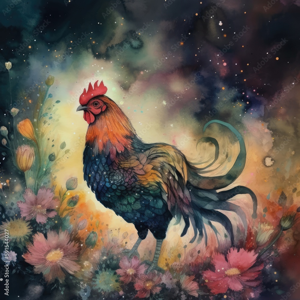 Watercolor mysterious Chicken Generative Ai