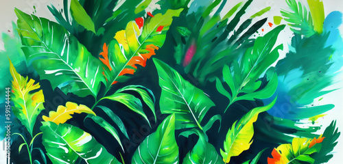 Close Up of Green Leaves and Plants Gouache Painting Generative AI Art Illustration