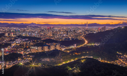 Photography Seoul City skyline and downtown and skyscraper at night  is The best view and beautiful of South Korea at Namhansanseong mountain