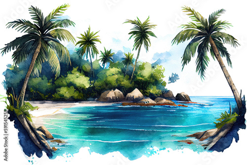 Watercolor tropical beach with palm trees and blue sky  ai generation