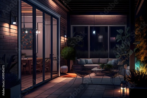 Une vue nocturne de l'intérieur contemporain du patio confortable, generative ai