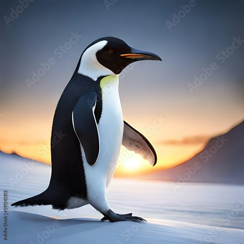 A penguin is walking on the ice in front of a sunset generated with AI