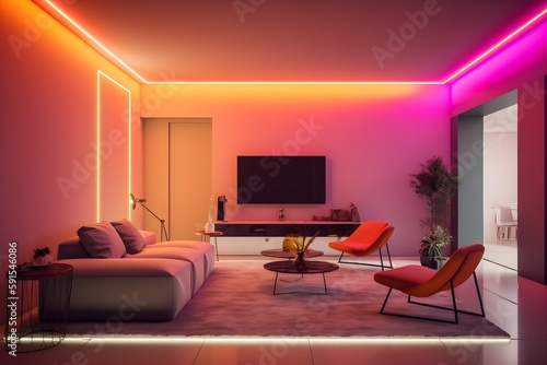 Salon moderne avec lumière led néon, generative ai