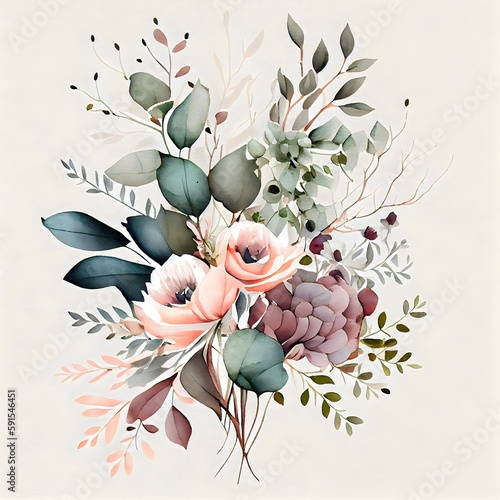 Bouquet floral aquarelle avec des feuilles vertes fleur de pêche rose, ai générative, generative ai