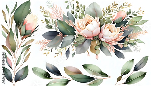 Bouquet floral aquarelle avec des feuilles vertes fleur de pêche rose, ai générative, generative ai
