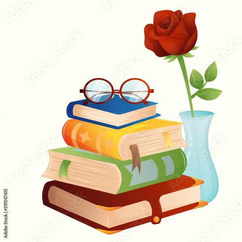 A stack of four bright multi-colored books with bookmarks without inscriptions and drawings, with red round glasses on top and a red rose in a vase. Greeting square postcard for World Book Day 