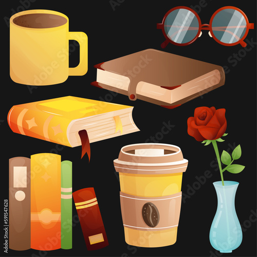 Book new cartoon set for World Book Day with two books, womens red glasses, different colored book line, yellow cup of coffee, red rose in a vase, cup of cocoa, brown retro ols book, yellow new diary 