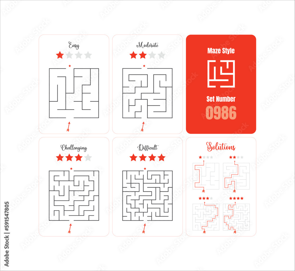 Set of 4 Square Mazes game puzzle printable for kids at varying levels