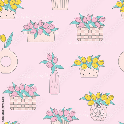 Vector seamless pattern with tulips buskets for flower, gift shop, womens day package, wrap, background