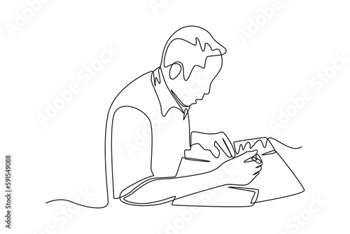 Single one line drawing customer fill out submission form in bank. Bank concept. Continuous line draw design graphic vector illustration.
