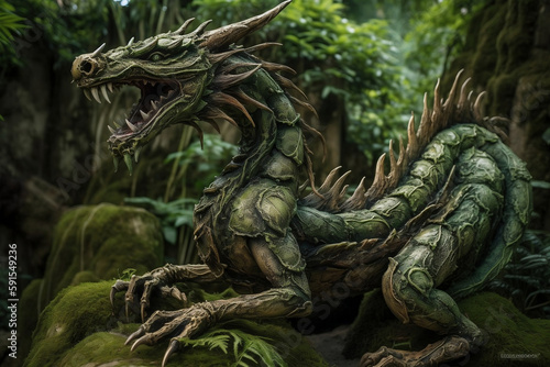 Ancient Forest Dragon Covered With Green Plants, Made Using Generative Ai