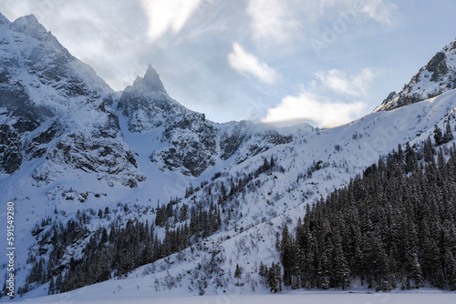 Winter mountain landscape. Polish Tatras in winter in the area of ​​"Morskie Oko".