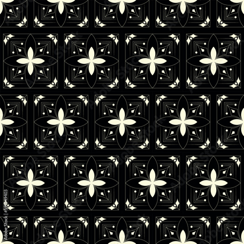 geometric ornament seamless pattern tiles, black and white colors christmas background with kissing bough