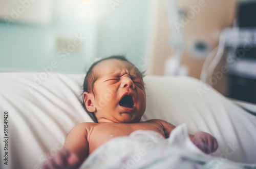 Newborn baby lying in the hospital and crying. Healthcare and childbirth concept. Generative ai