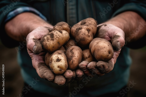 Close up farmer holding in his hand some potatoes freshly picked from the ground. Ai generative